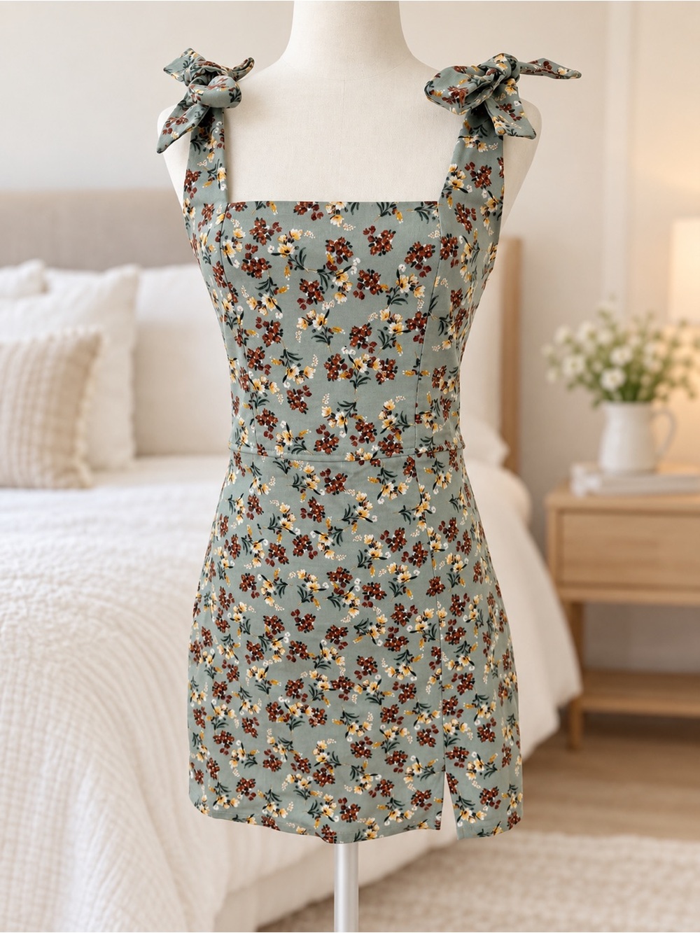 Trixxi Sage Green Floral Tie-Shoulder Mini Dress
